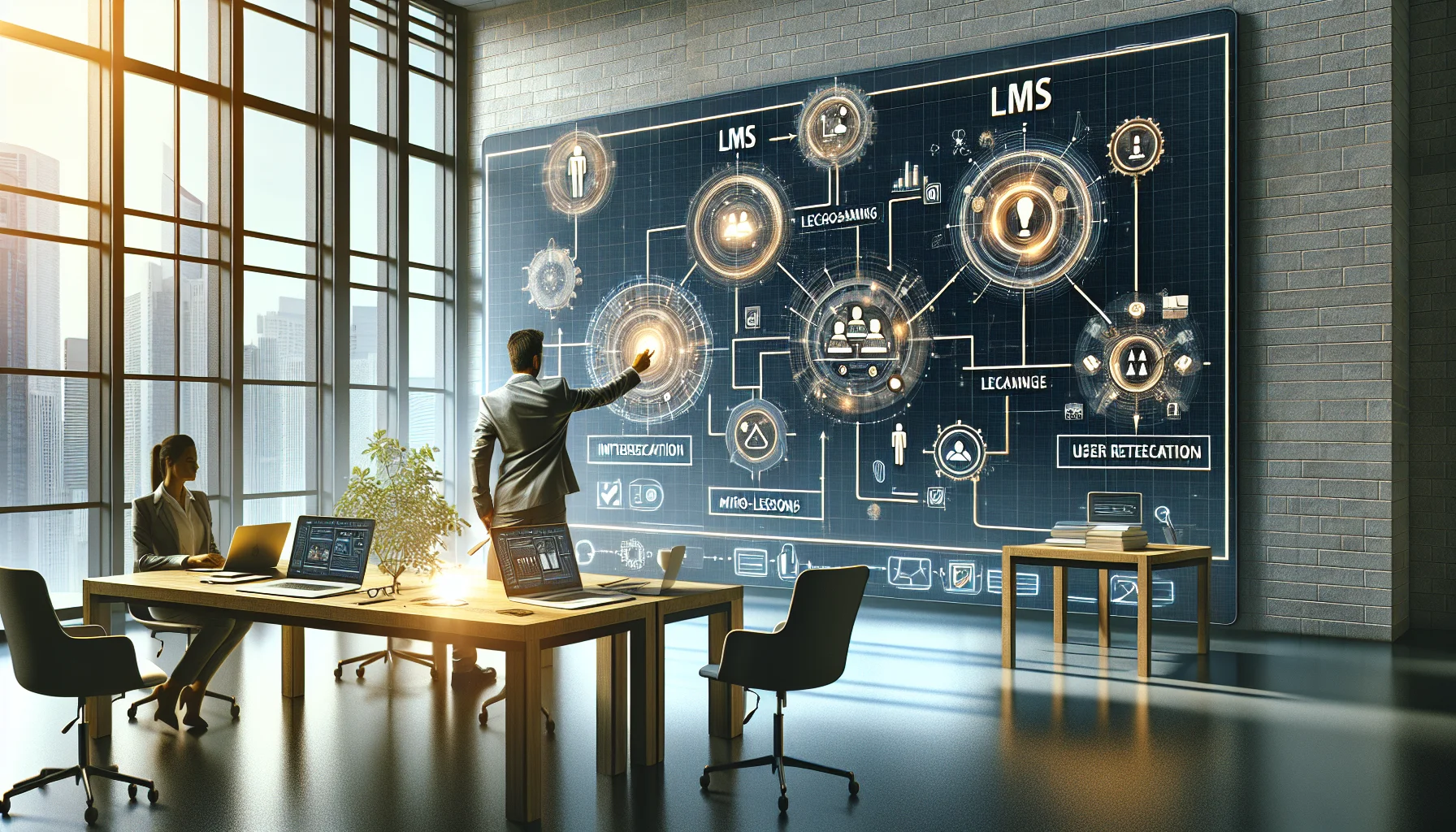 Product team reviewing LMS product integration wireframes on laptop