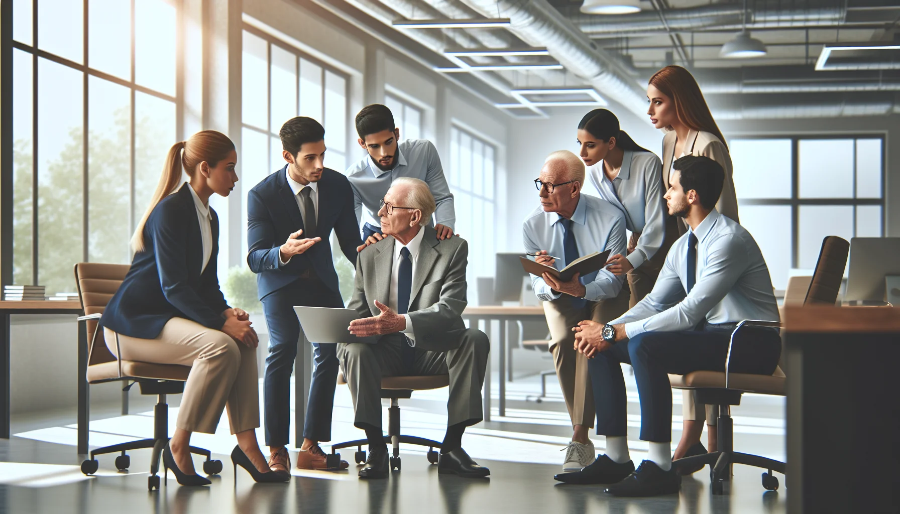 Colleagues in meeting practicing mentorship across generations and skills transfer