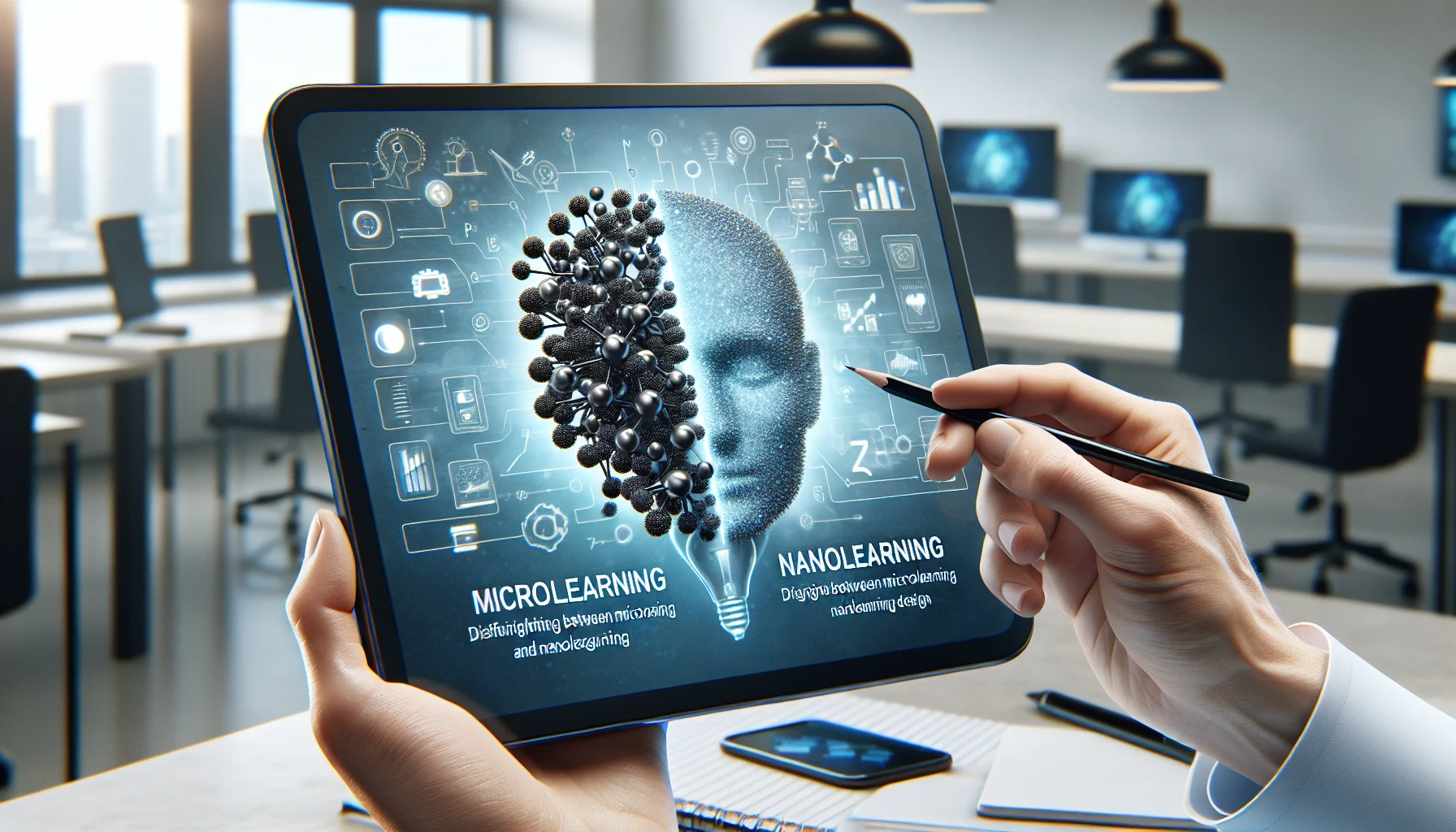Designer reviewing microlearning design storyboard and nanolearning template