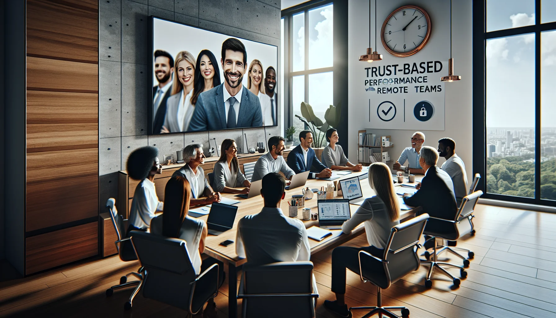 Remote team discussing trust-based performance metrics on laptop