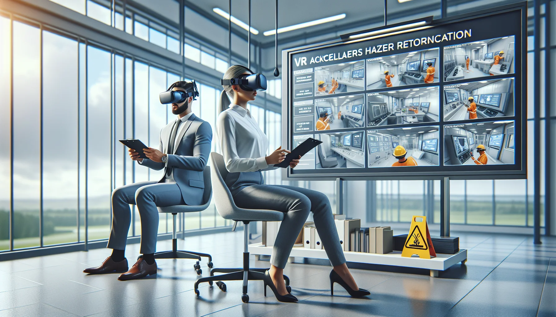 Worker using headset for VR safety training in simulated workspace