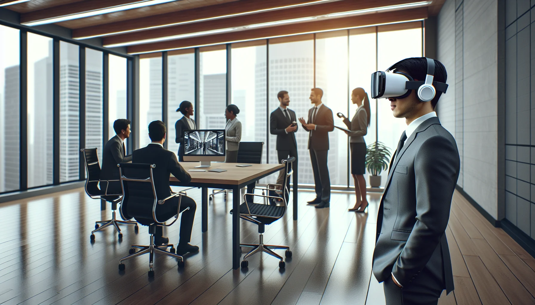 Team reviewing VR training ROI dashboard on laptop