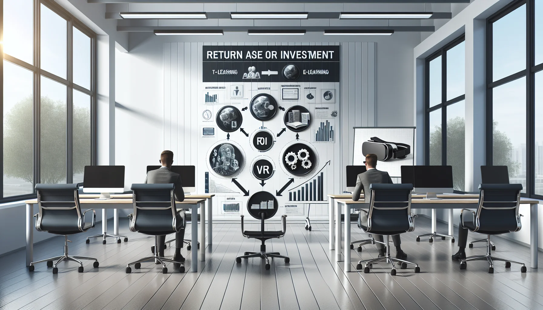 Team calculating VR training ROI with headset and dashboard