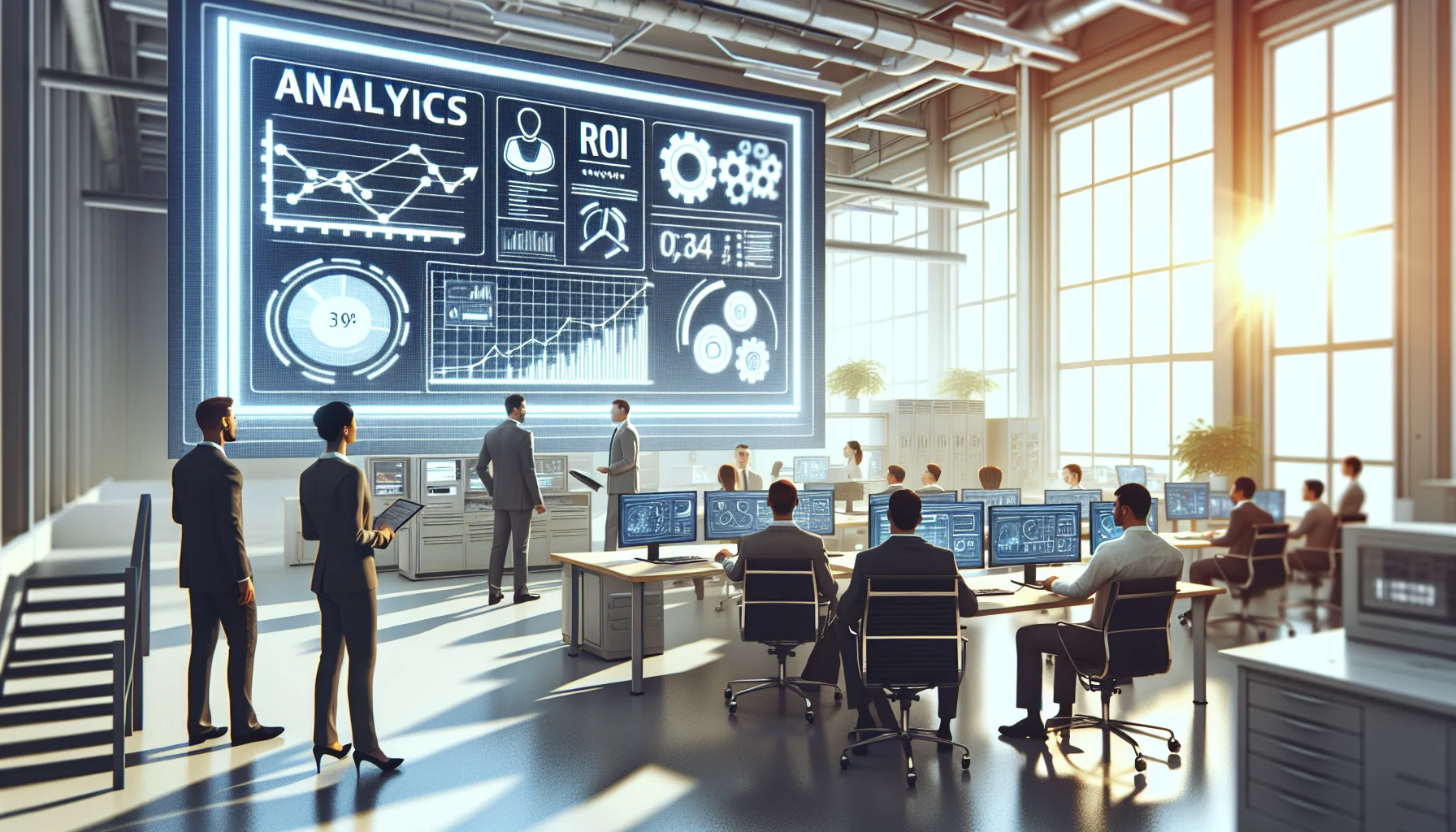Manufacturing team reviewing analytics ROI dashboard on tablet