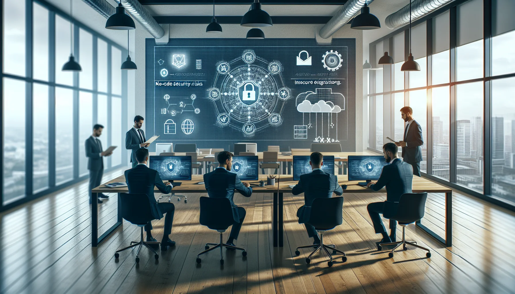 Compliance team reviewing no-code security risks checklist on laptop