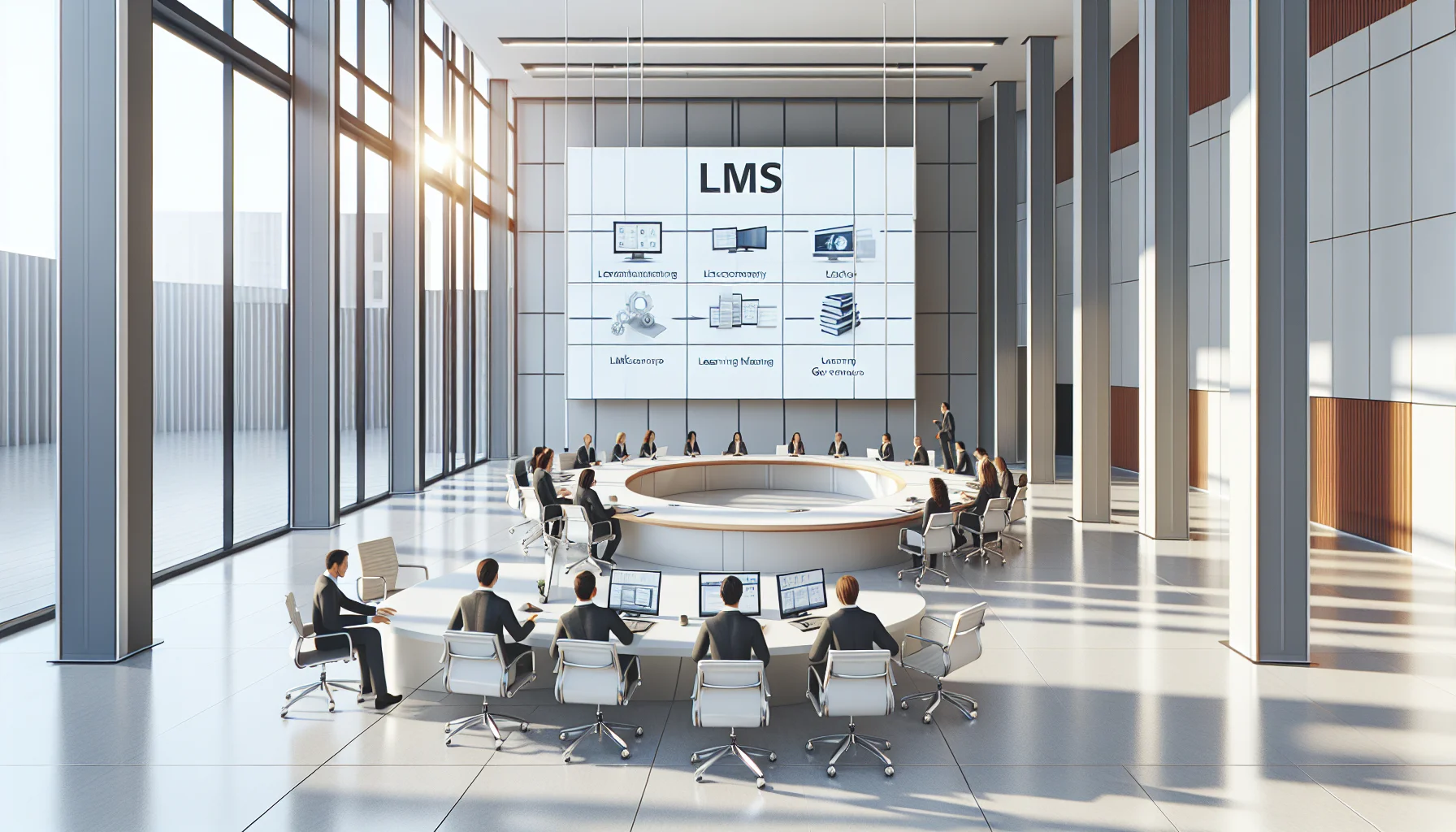 Team planning LMS implementation timeline on a whiteboard
