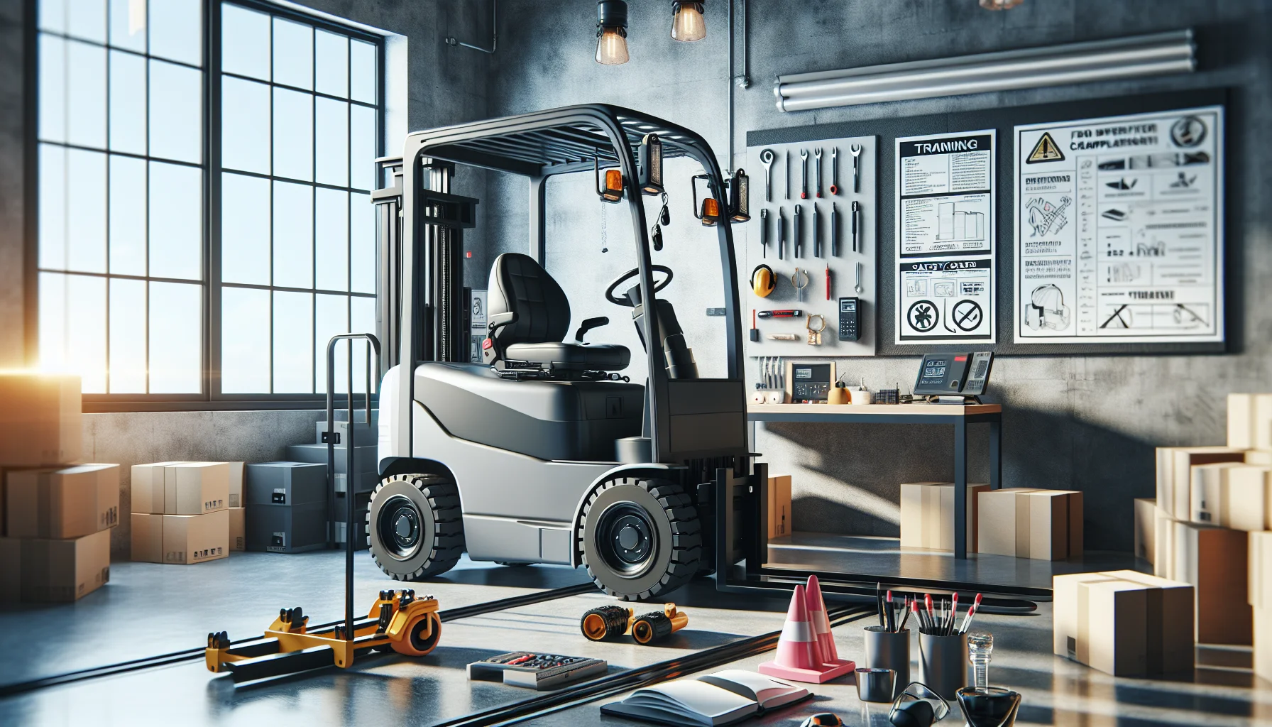Instructor reviewing forklift operator compliance checklist with trainee