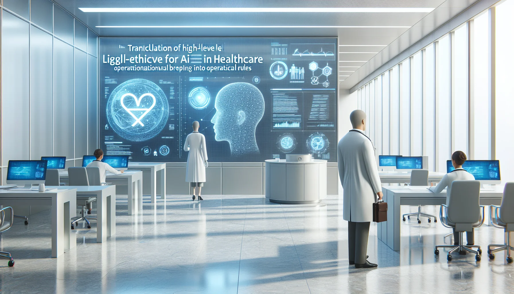 Clinicians reviewing healthcare AI ethics checklist on tablet