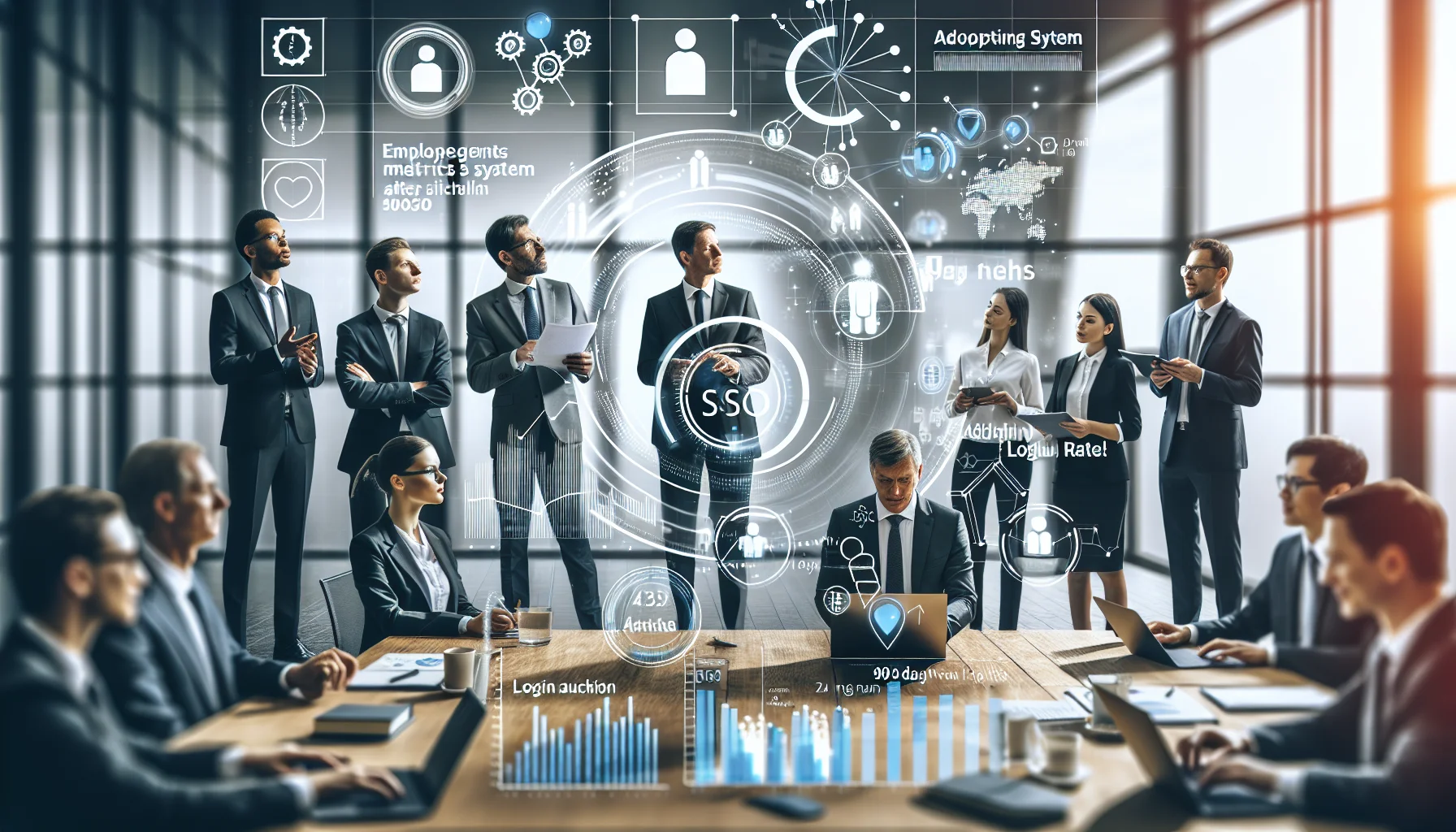 Dashboard showing employee engagement metrics and SSO adoption rate