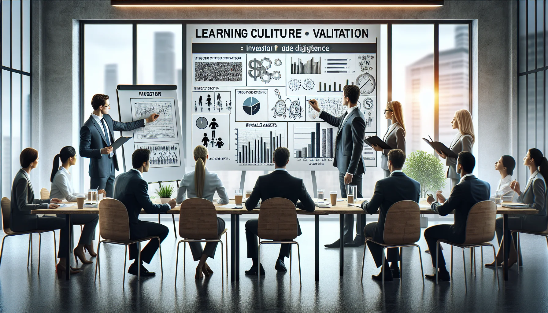 Analysts reviewing learning culture valuation metrics on laptop screen