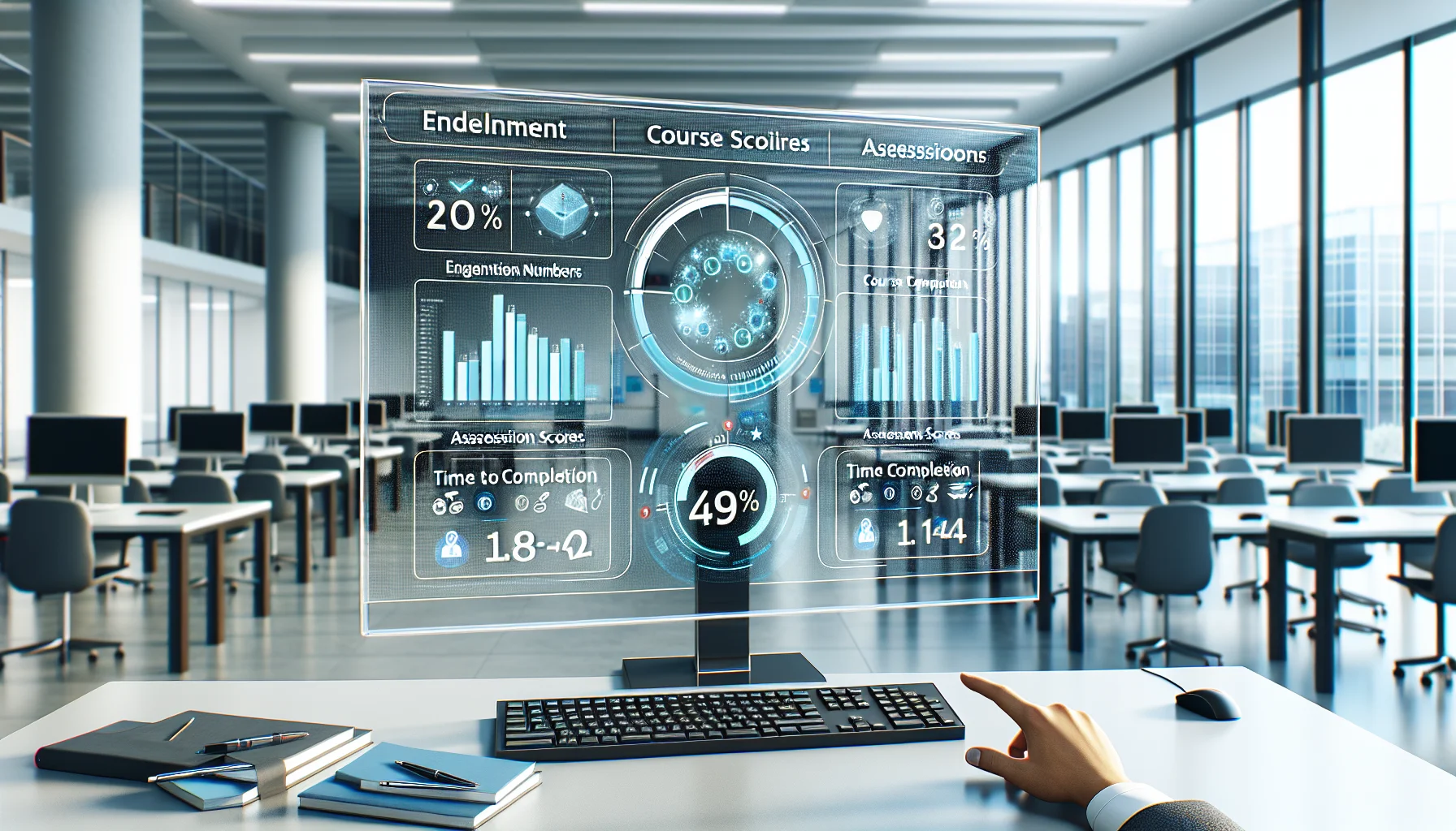 Manager reviewing LMS analytics dashboard displaying training metrics