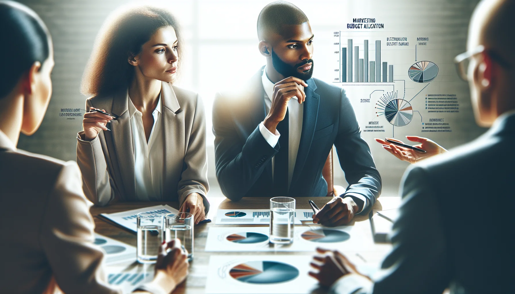 Marketing team reviewing marketing budget allocation spreadsheet and charts