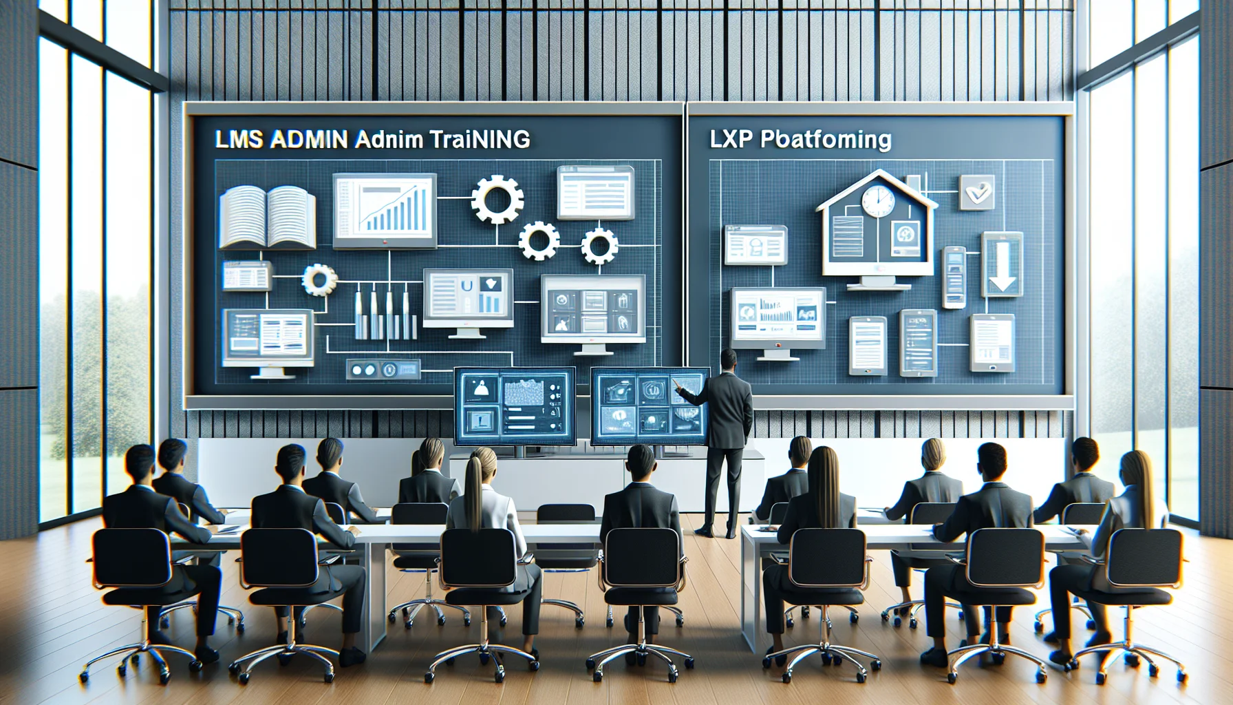Admin team reviewing LMS admin training plan on laptop