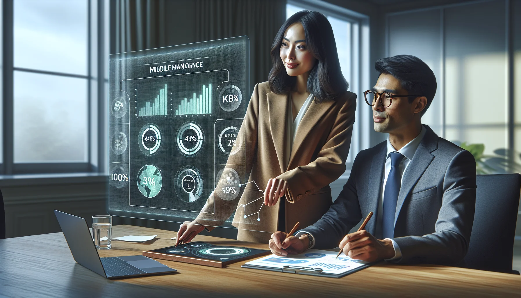 Middle manager reviewing influence metrics dashboard to measure influence