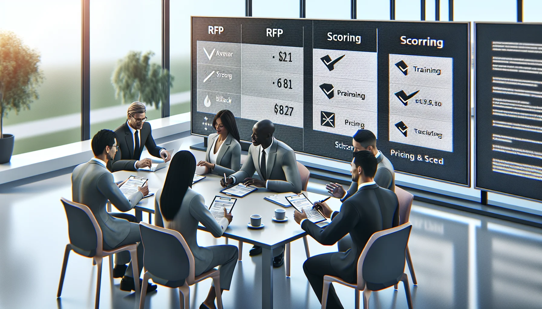 Procurement team evaluate compliance training vendors checklist on laptop