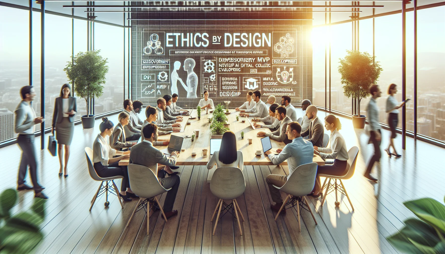 Startup team reviewing ethics by design checklist on laptop