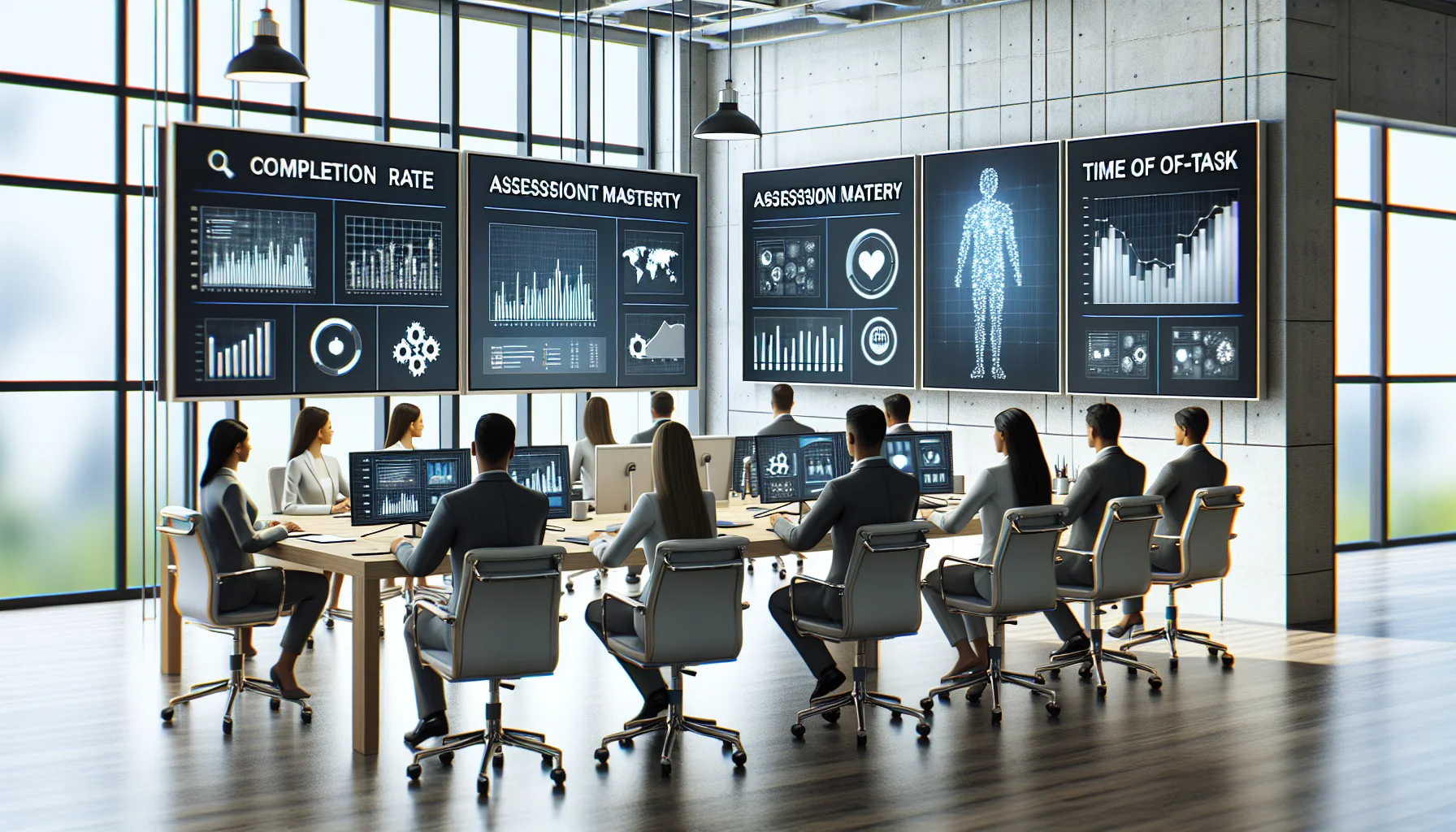 Team reviewing AI course metrics dashboard on laptop screen