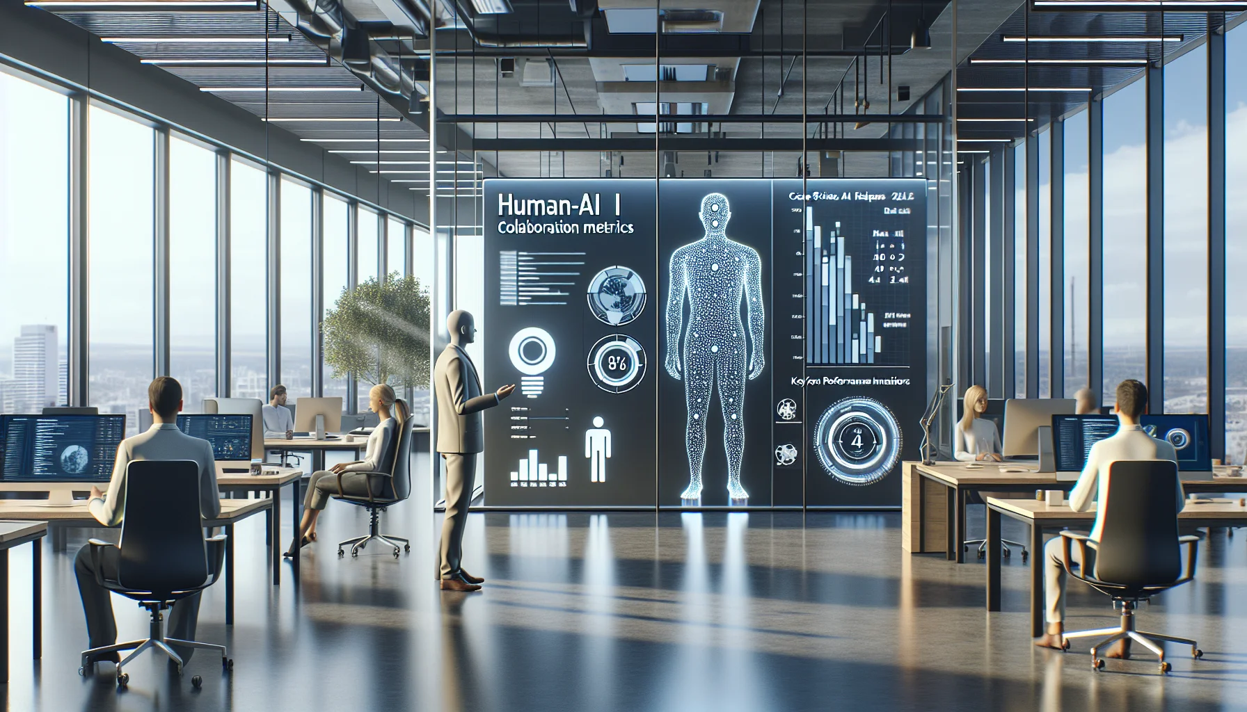 Team reviewing human-AI collaboration metrics dashboard on laptop