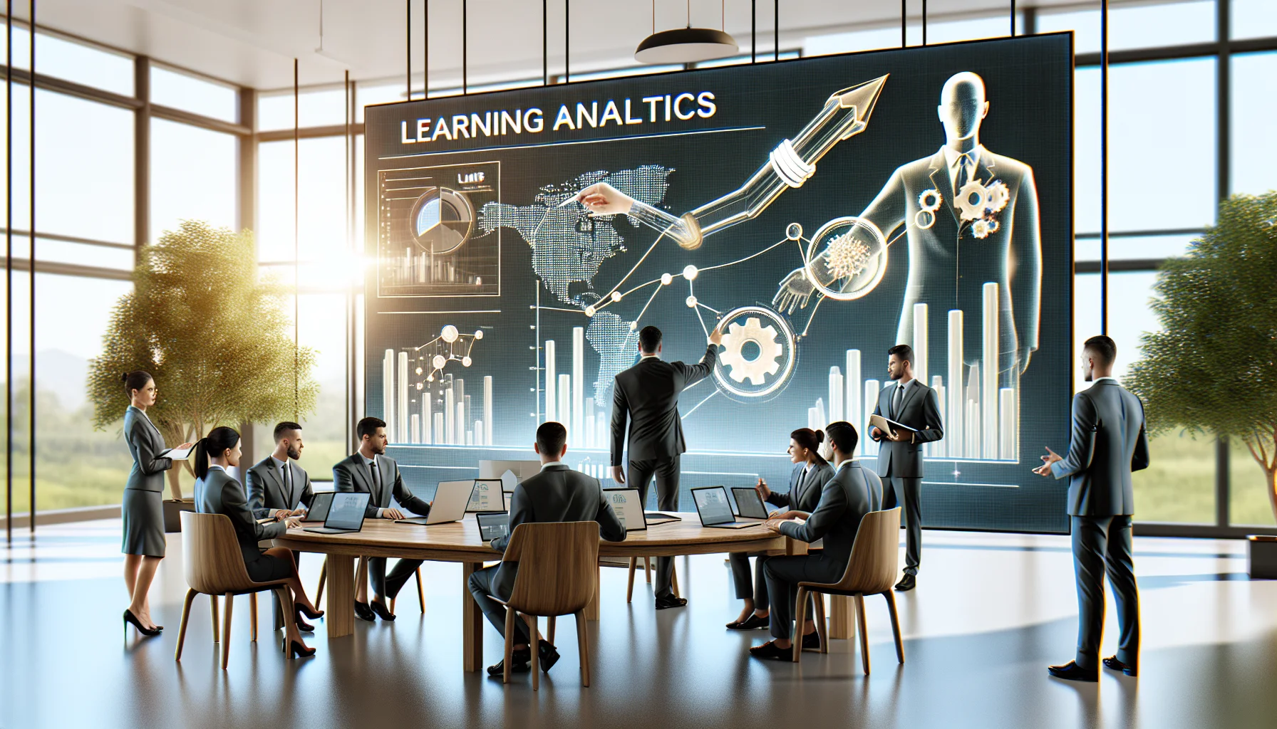 Team reviewing learning analytics dashboards for LMS and LXP