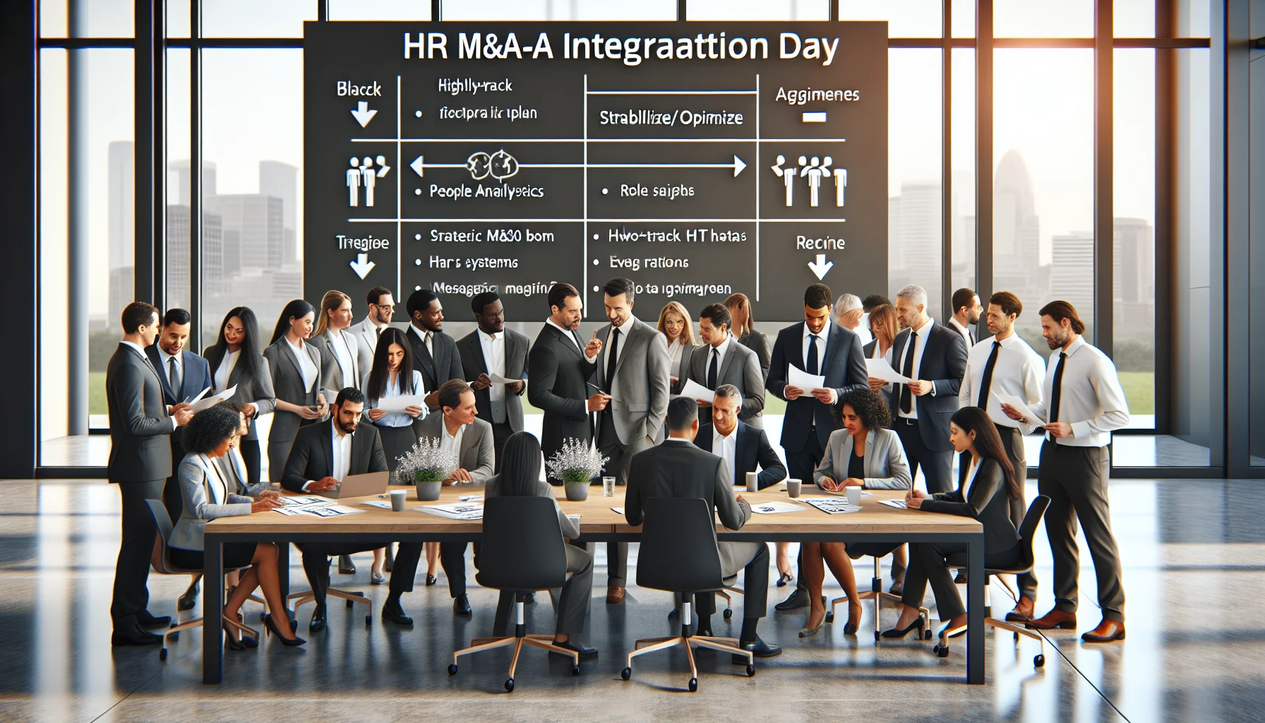 Team planning HR IT M&A integration on whiteboard