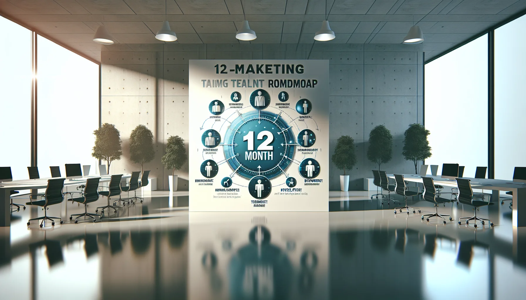 Team reviewing a 12-month marketing talent roadmap on laptop