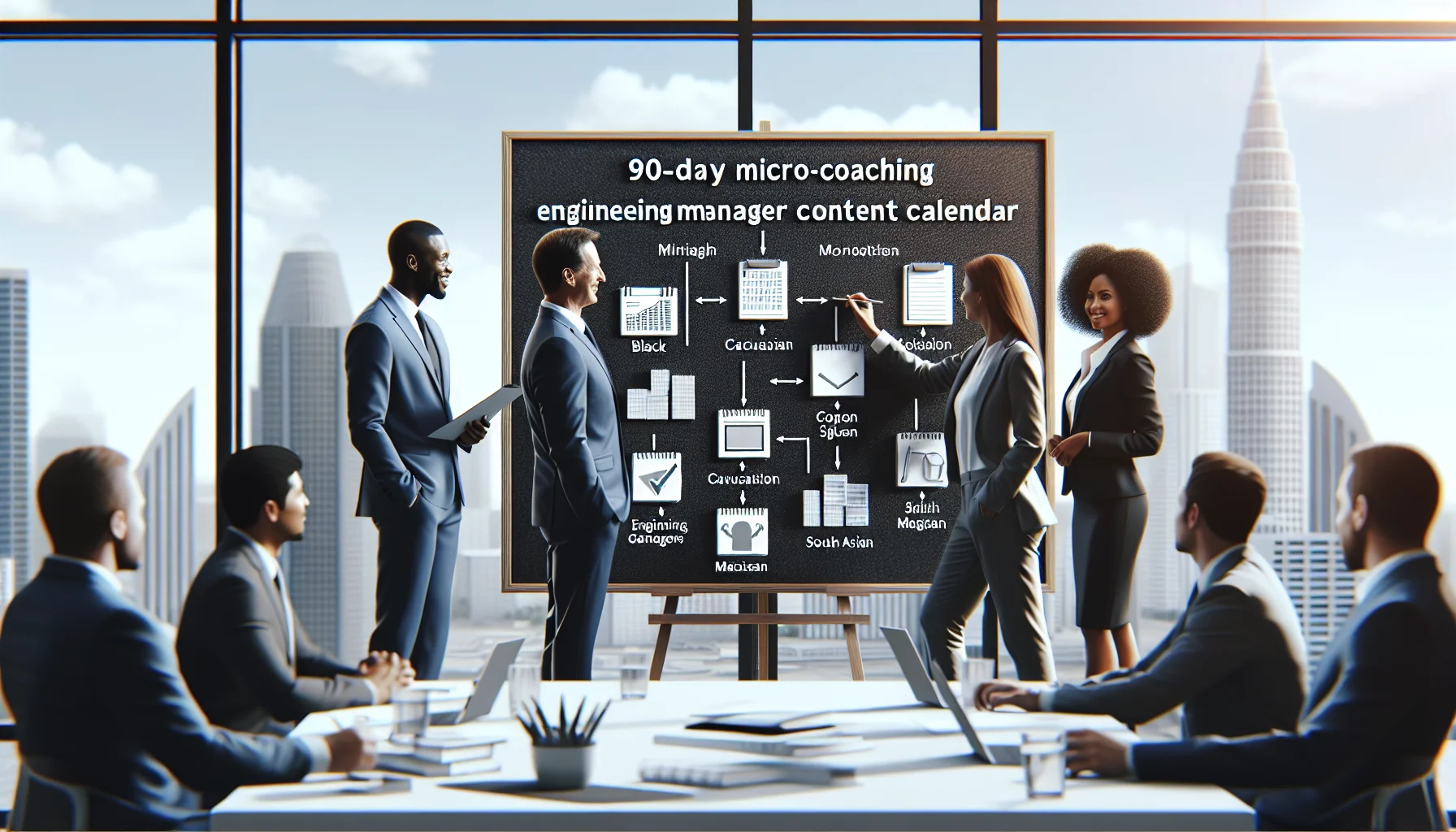 Manager reviewing a 90-day micro-coaching content calendar spreadsheet