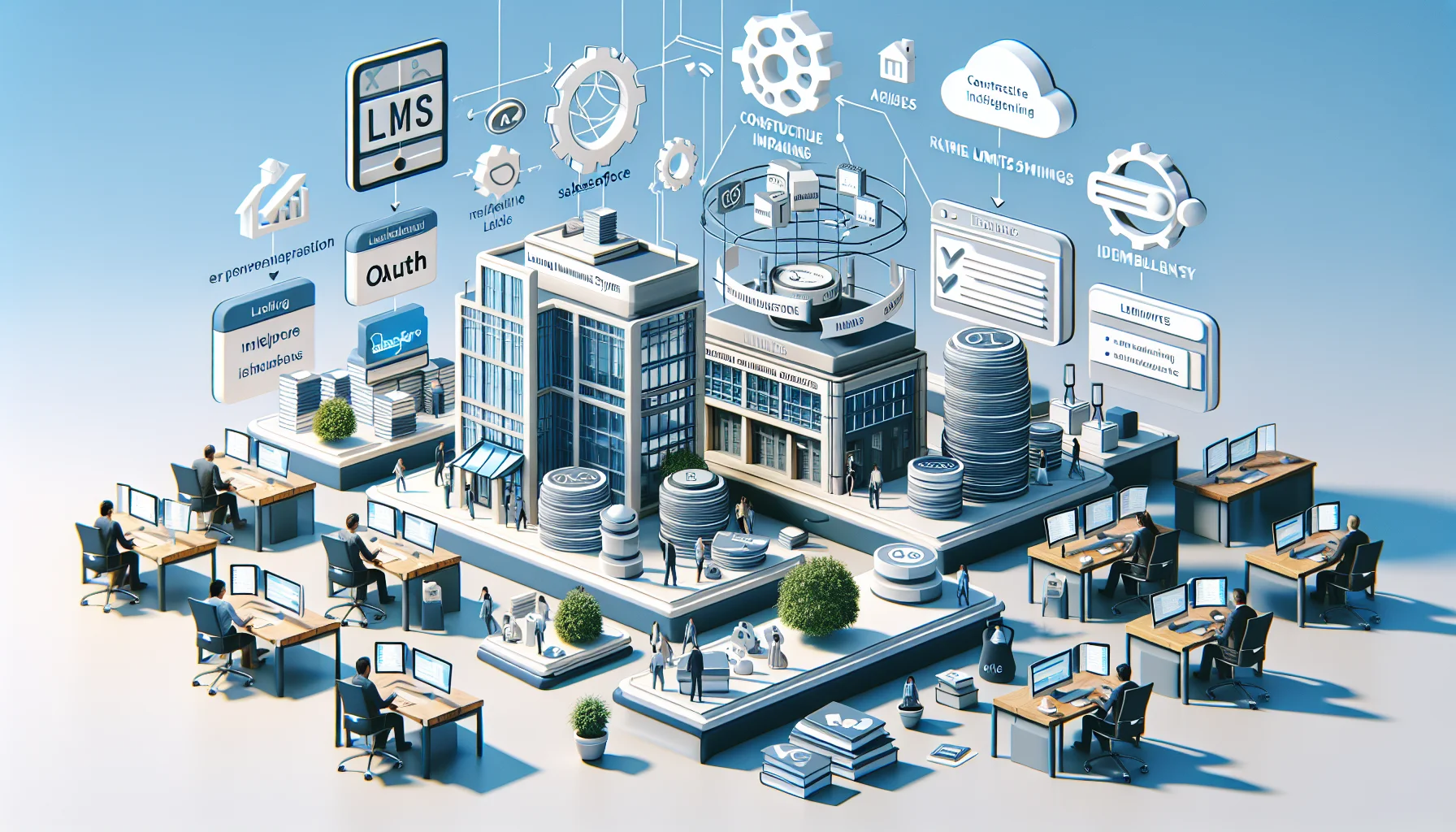 Engineers designing a custom LMS integration architecture diagram