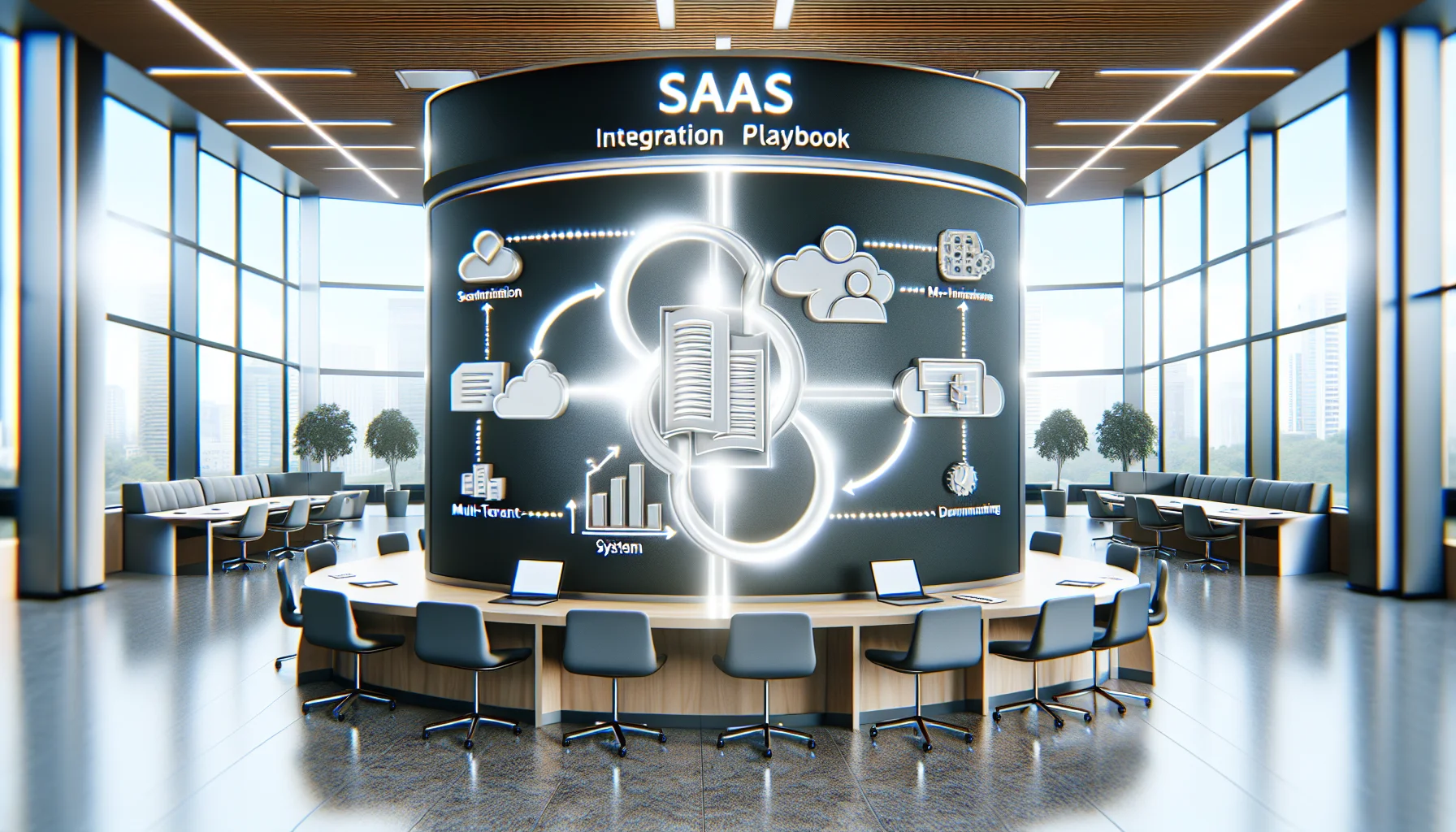 Team reviewing SaaS integration playbook for M&A on screen