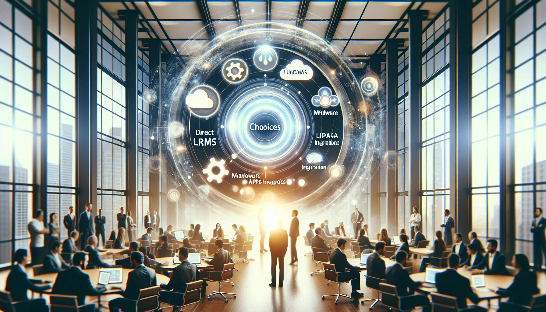 Engineer reviewing LMS CRM API vs middleware integration diagram