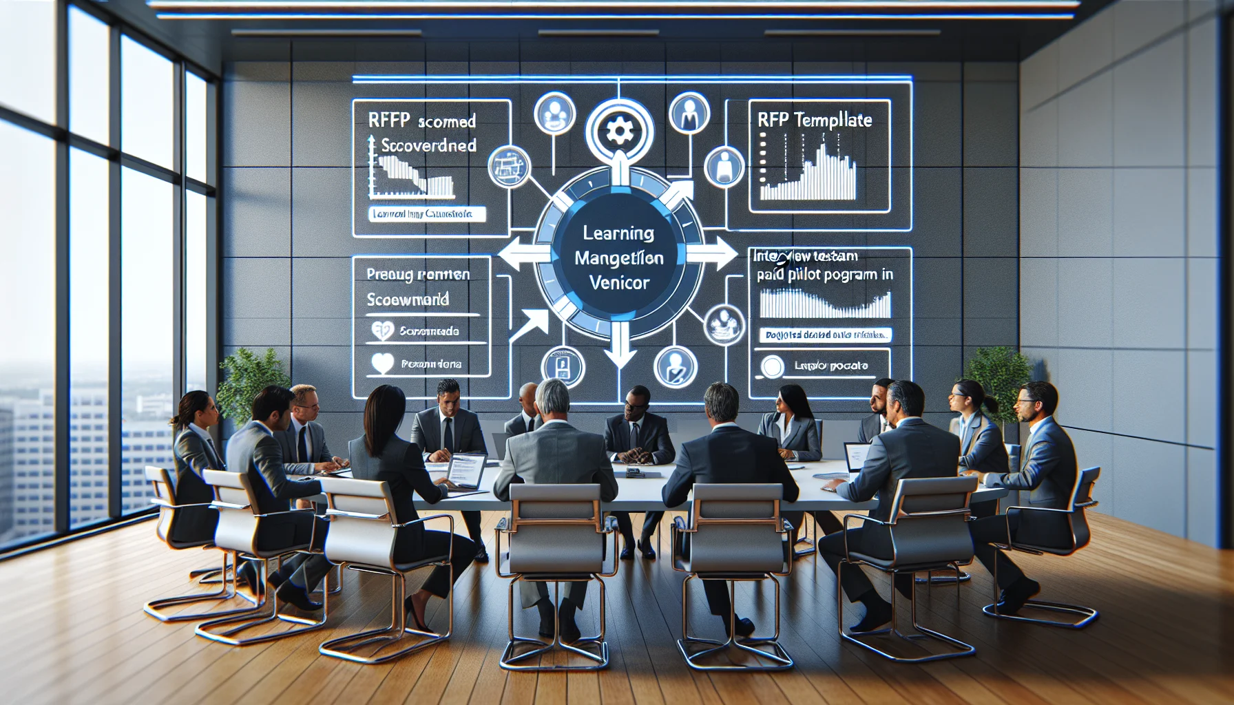 Team evaluating training vendor selection criteria on laptop