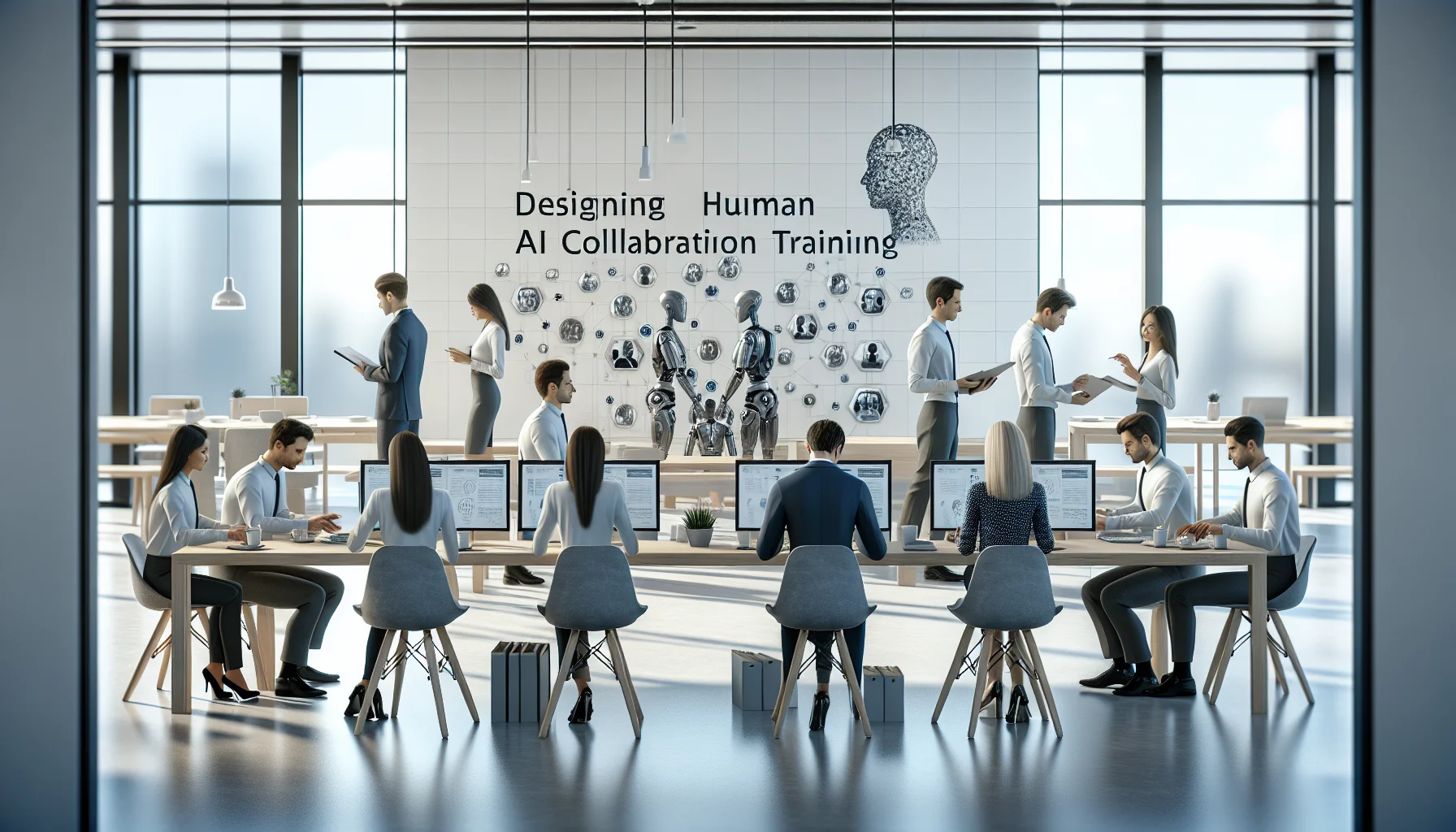 Team planning human-AI collaboration training with templates on laptop