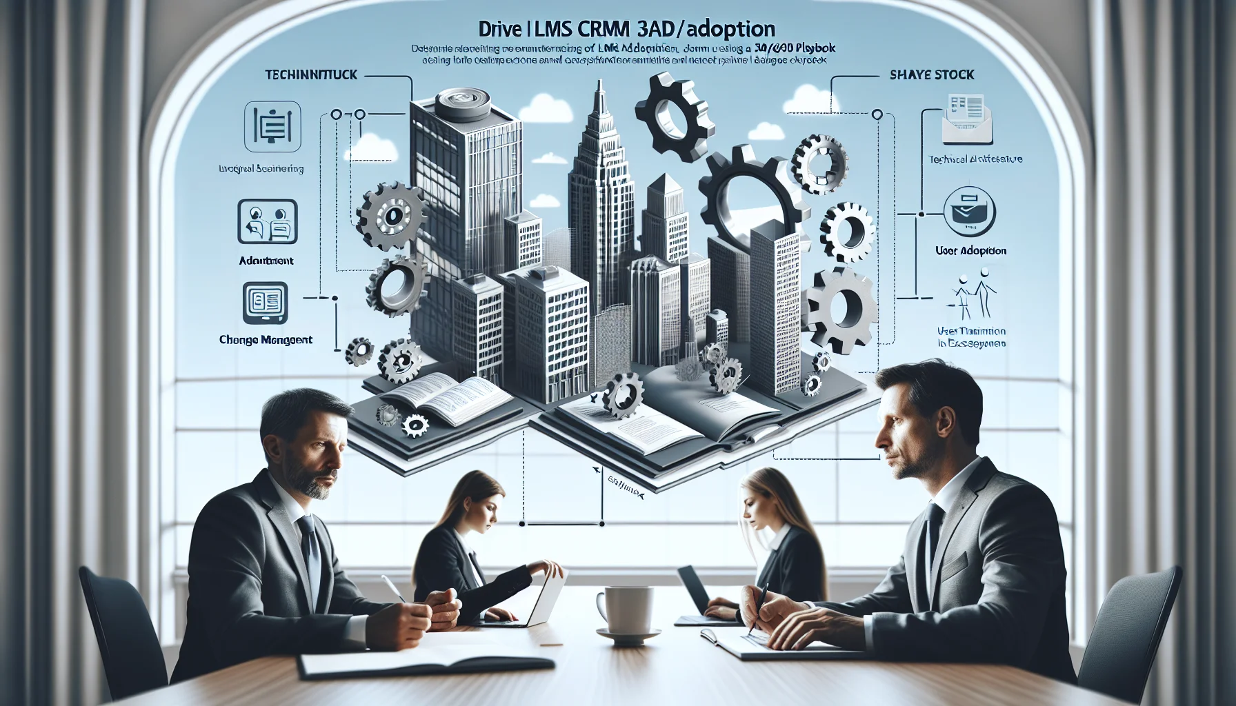 Team reviewing LMS CRM adoption metrics on dashboard