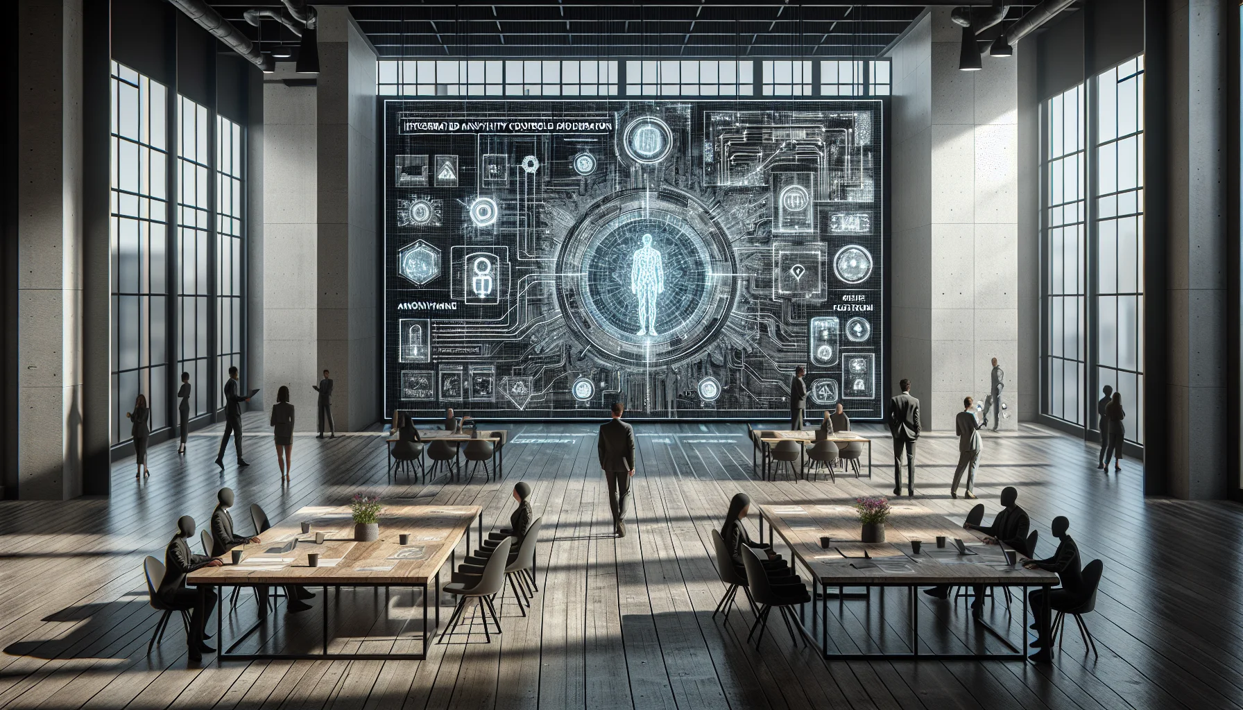 Engineers reviewing anonymity controls moderation system architecture diagram