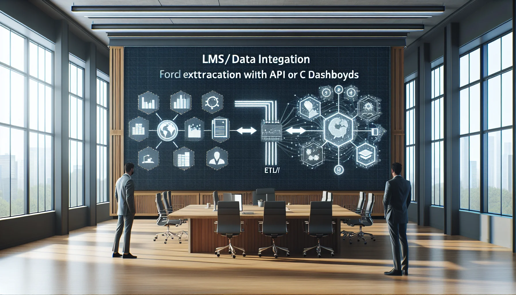 Engineer reviewing LMS data integration pipeline diagrams on screen
