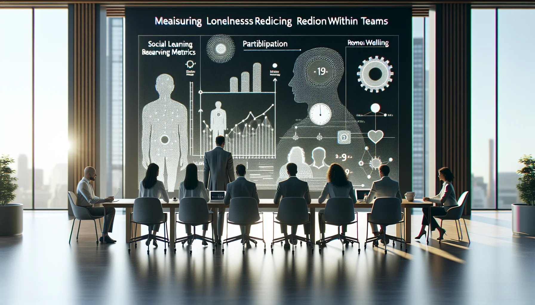 Team reviewing metrics loneliness reduction dashboard on laptop