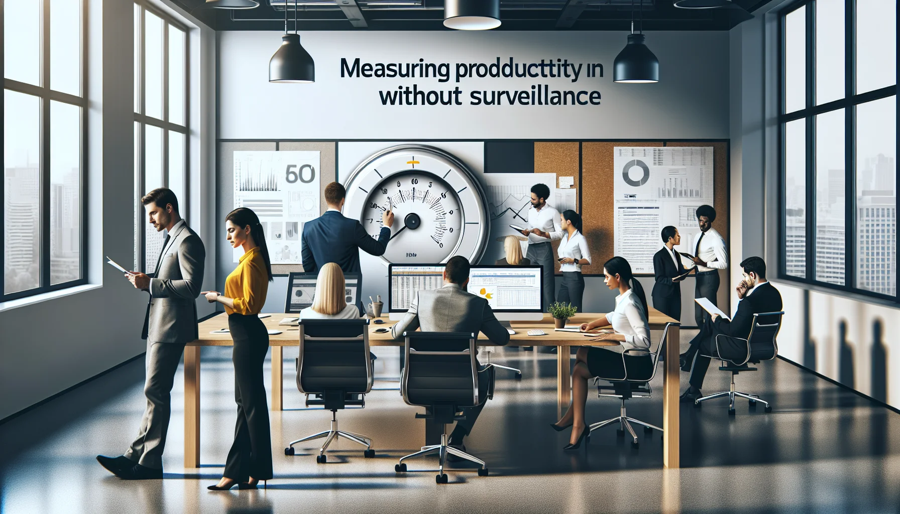 Managers reviewing dashboard to measure productivity hybrid with non-invasive metrics