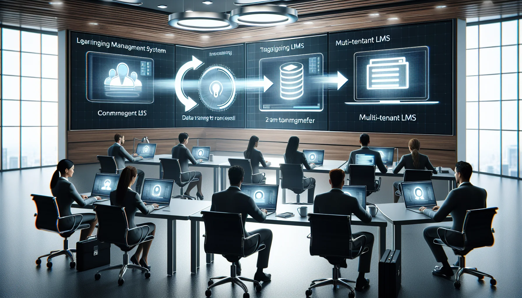Team planning to migrate training content on laptop screen