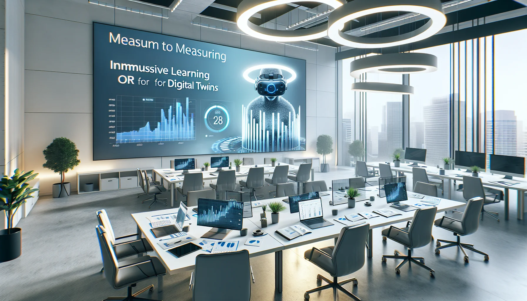 Team reviewing immersive learning ROI dashboard for digital twin training