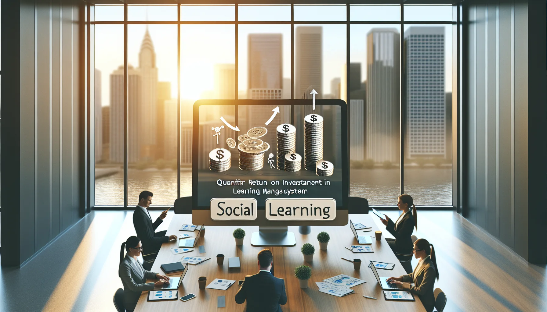 Team reviewing social learning ROI metrics in LMS dashboard