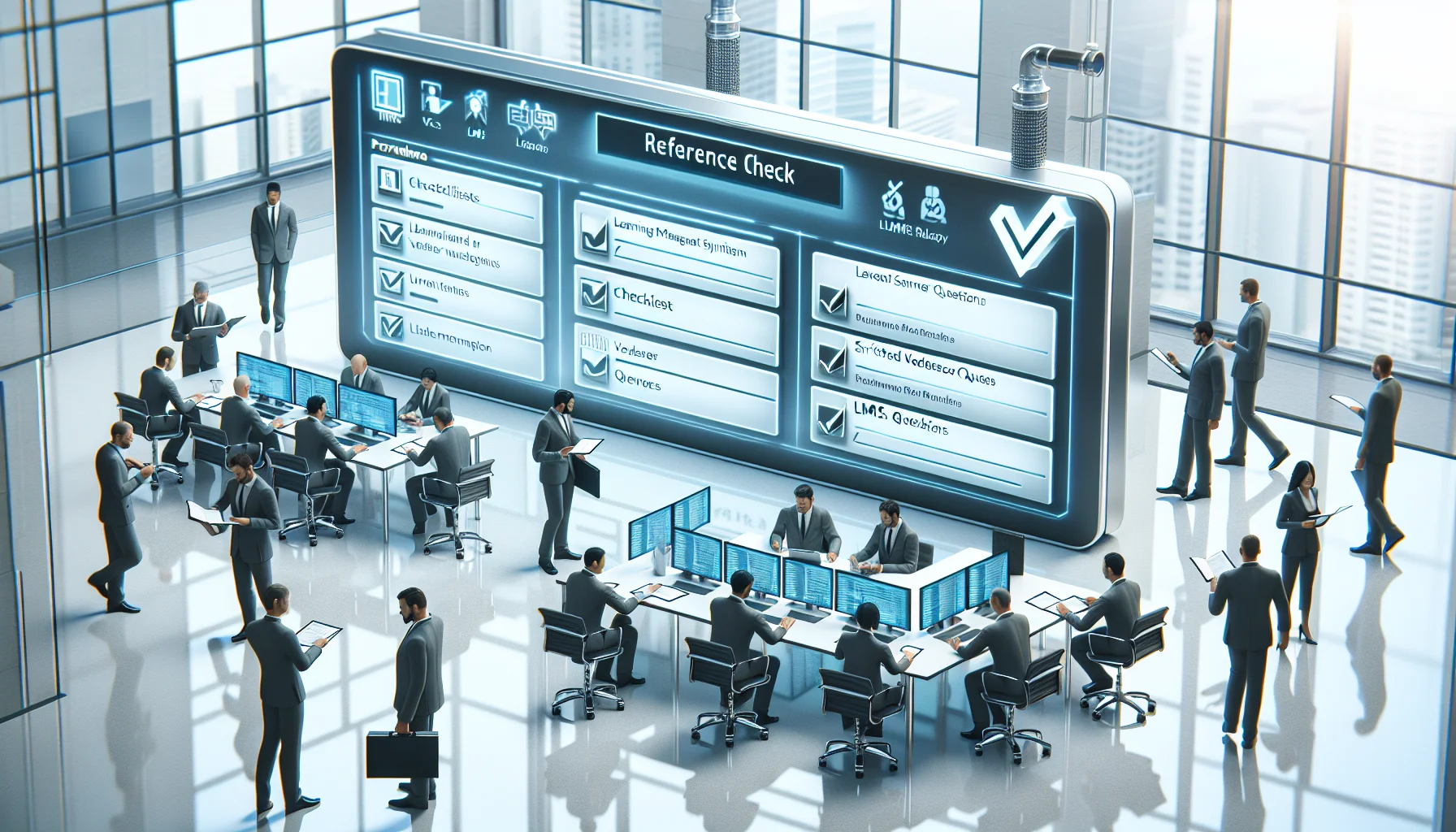 Procurement team using LMS reference check template on laptop