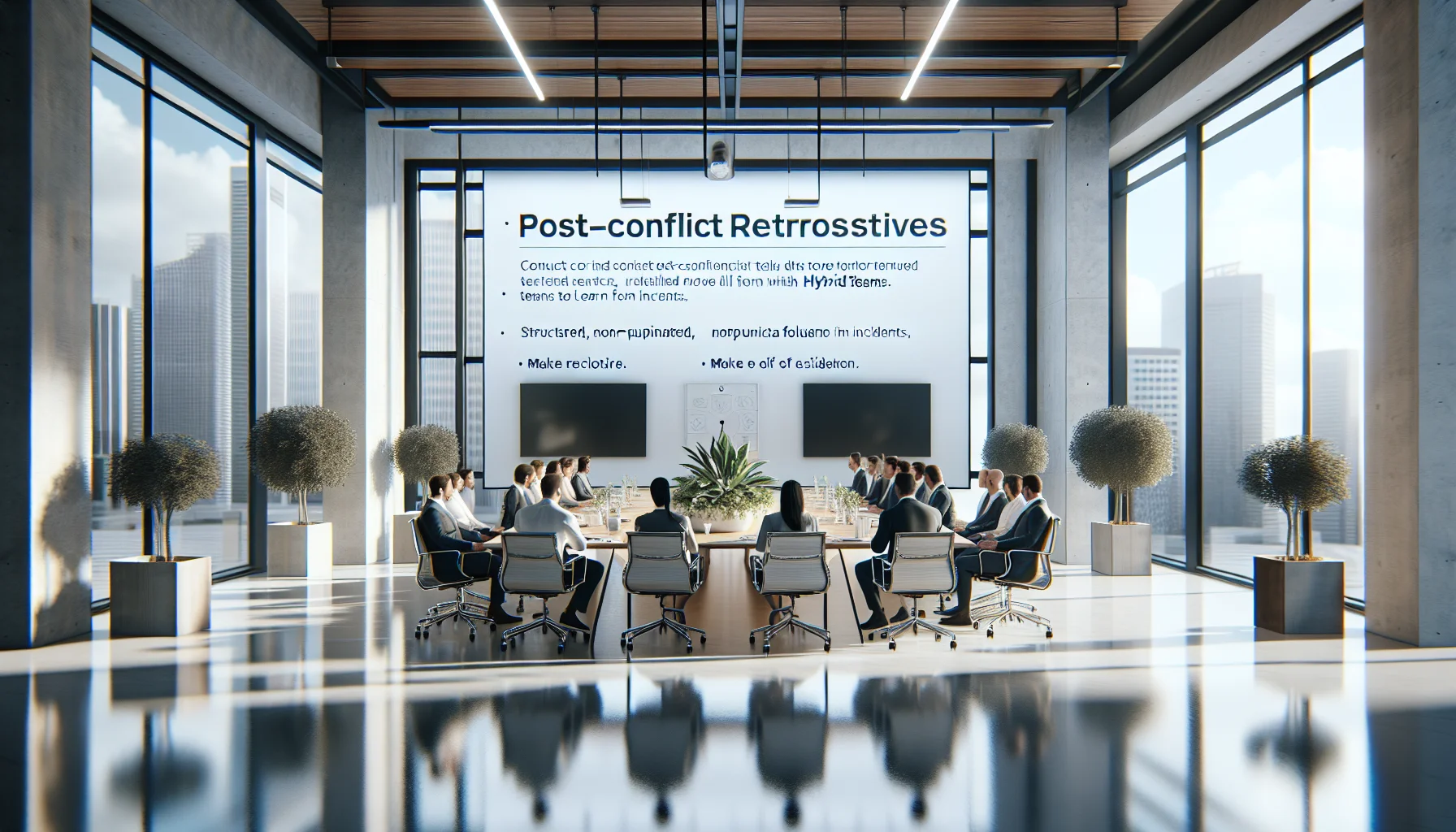 Leaders running post-conflict retrospectives in a hybrid team meeting