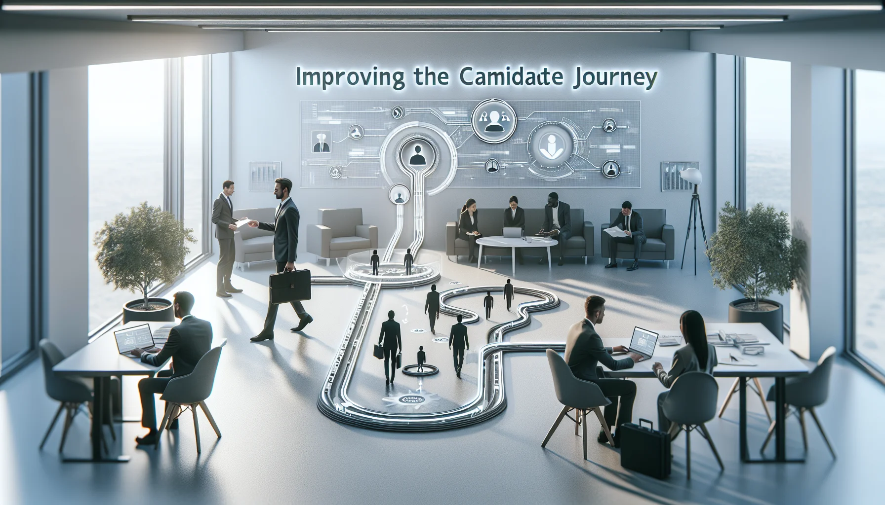 Recruiters mapping candidate experience journey on whiteboard with metrics and touchpoints
