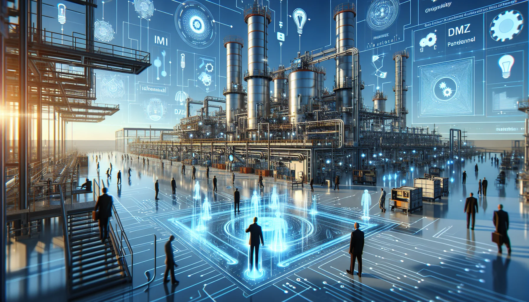Engineer reviewing industrial cybersecurity diagram for AI assistant deployment