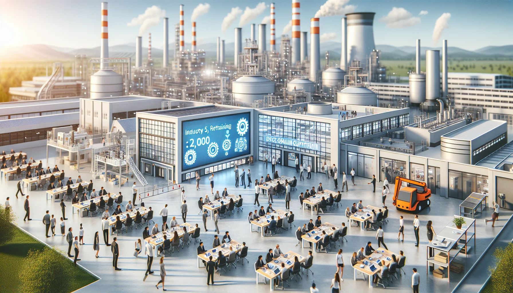 Factory trainers guiding workers on cobots, Industry 5.0 retraining case study