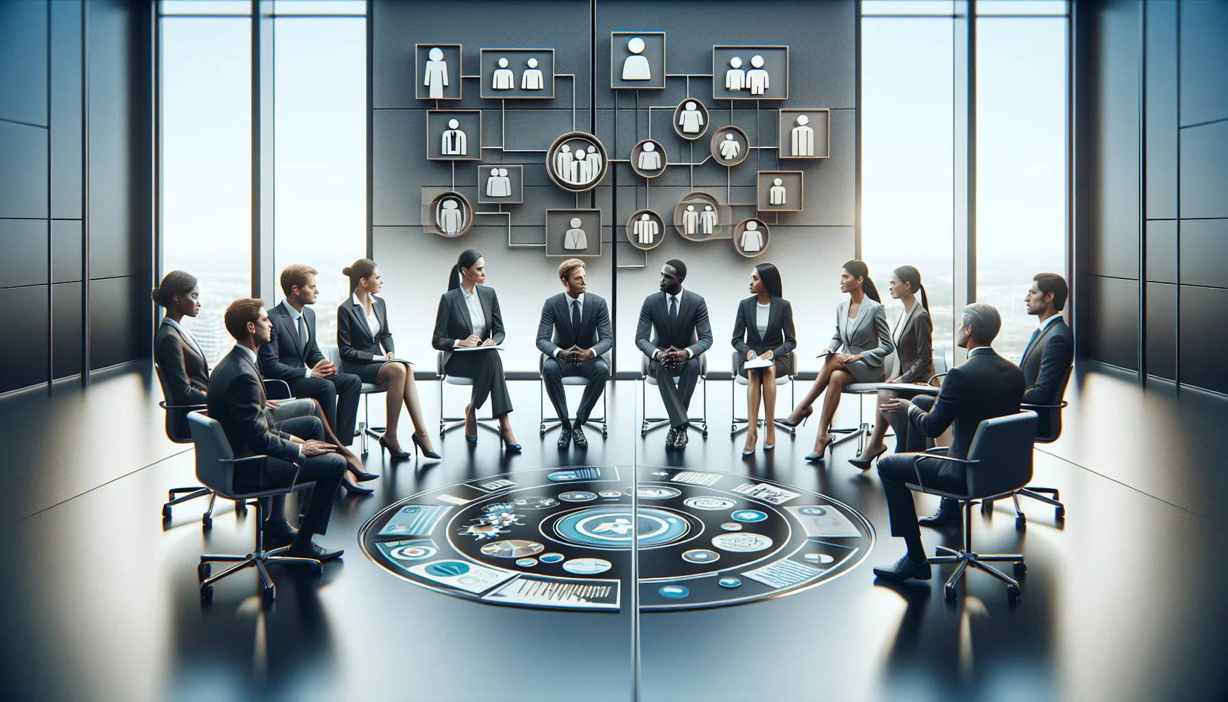 Executive team reviewing human resources issues roadmap on laptop