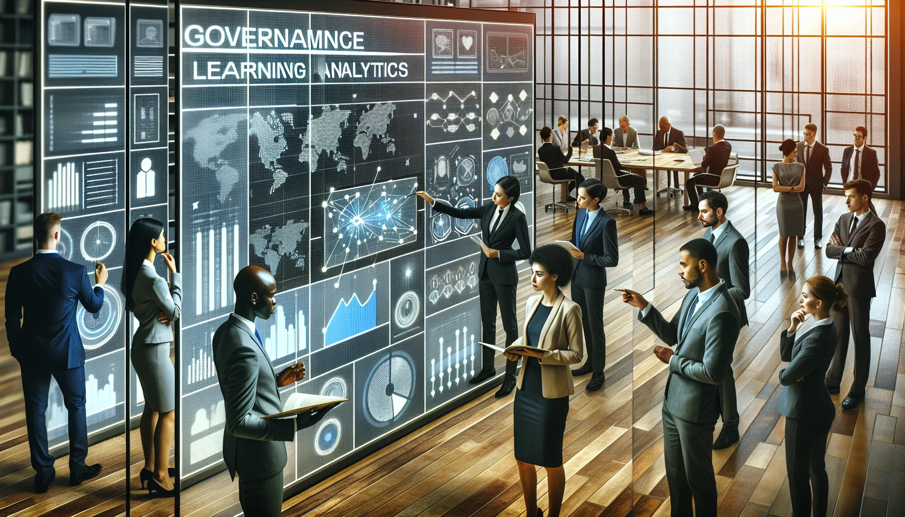 Cross-functional team reviewing governance learning analytics dashboards for HR decisions