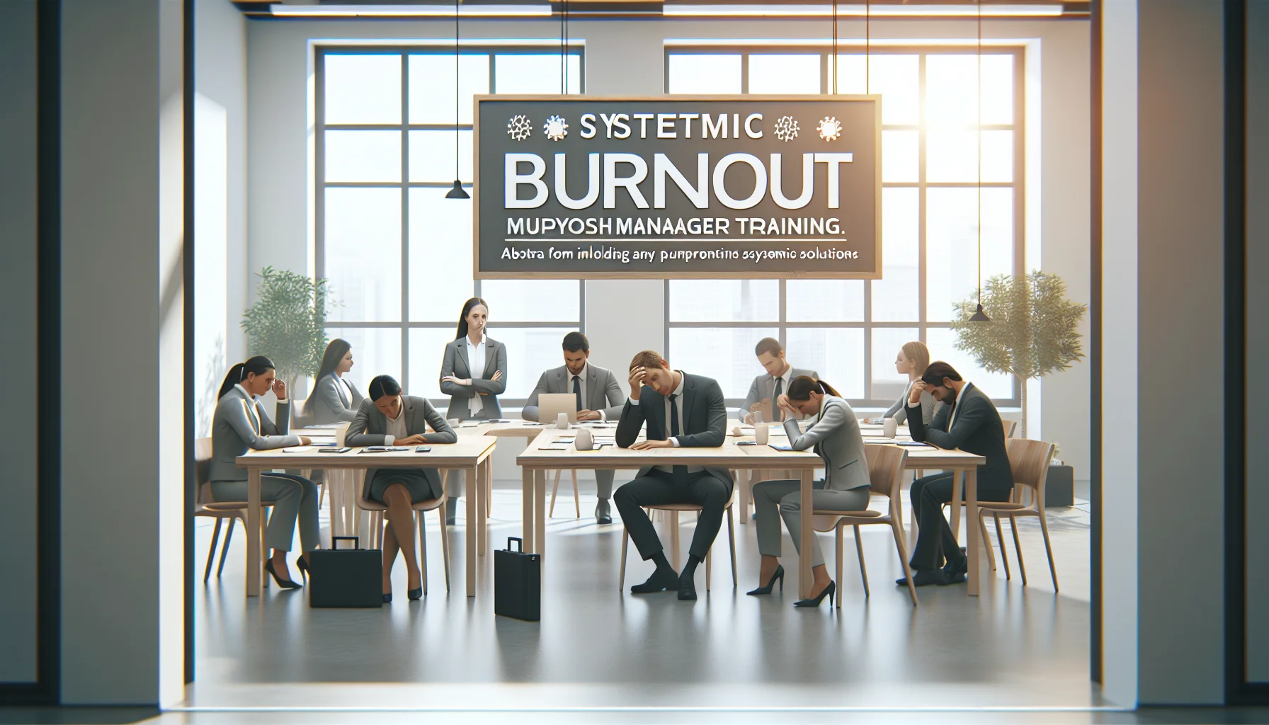 Team planning systemic burnout solutions on office whiteboard meeting