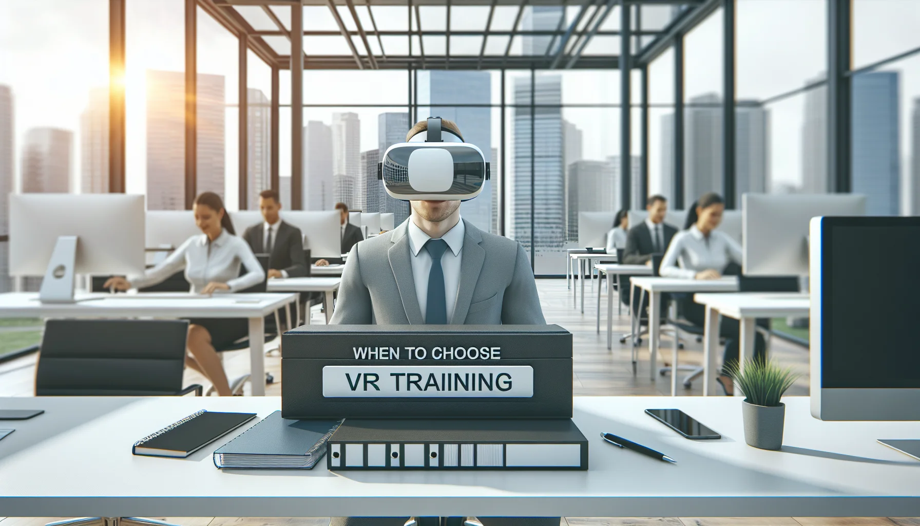 Learner using headset with dashboard: choose VR training decision