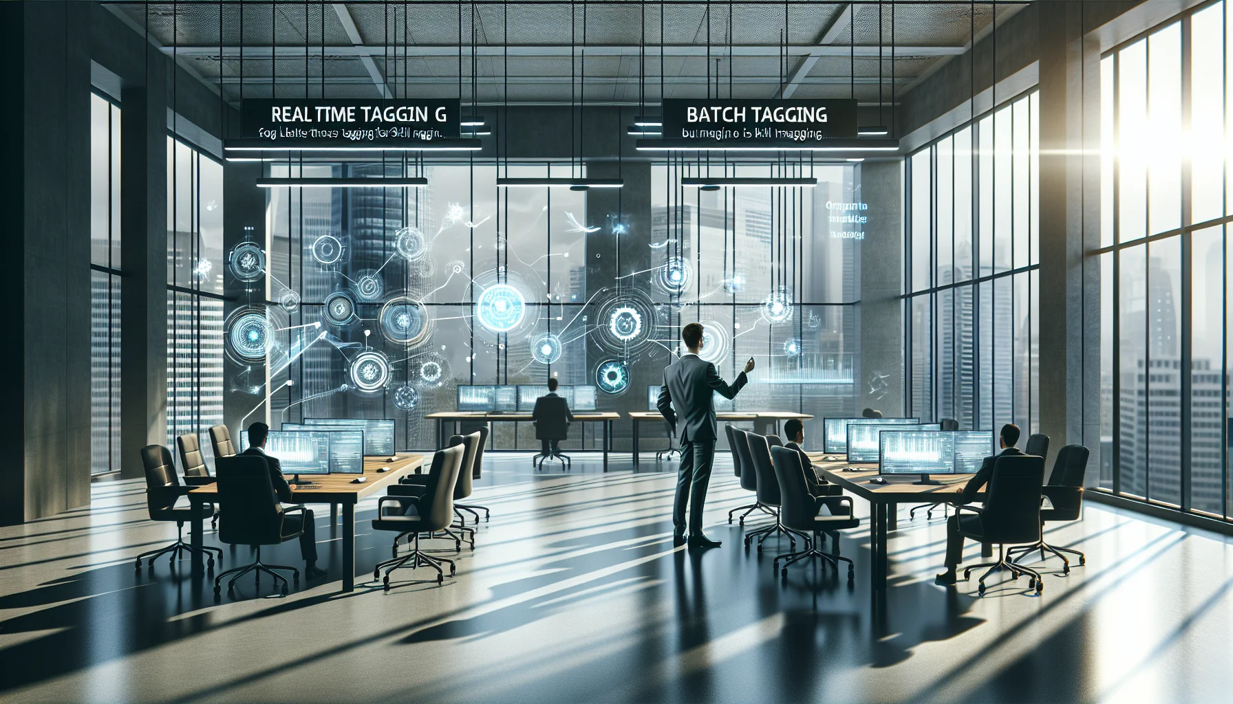 Team reviewing real-time tagging architecture diagrams on screen