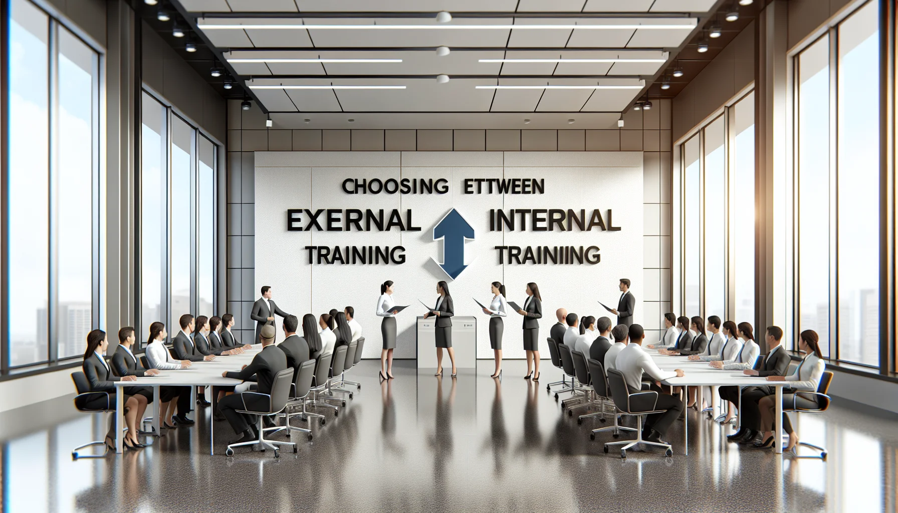 Team reviewing external vs internal training decision matrix